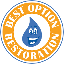 Best Option Restoration logo featuring a smiling blue water droplet with the text "BEST OPTION" and "RESTORATION" in a circular orange and blue design, symbolizing reliable service and customer satisfaction.
